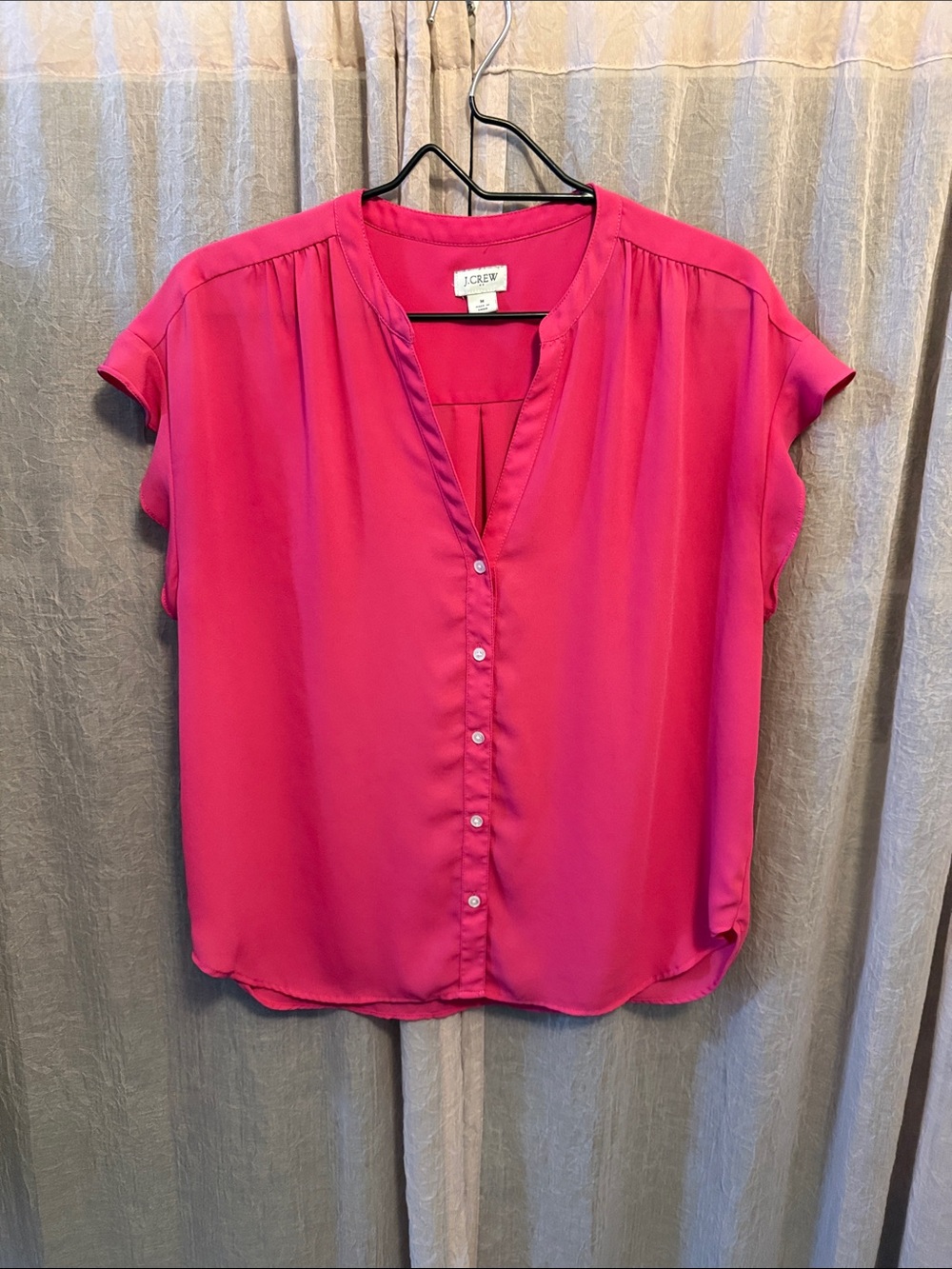 J. Crew V-Neck Button Front Cap Sleeve Blouse in Hot Pink